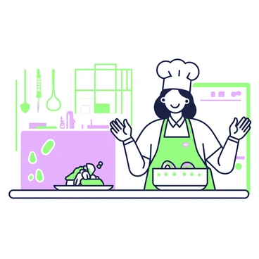 A chef with a chef's hat is standing behind a kitchen counter, proudly presenting a beautifully plated dish. The dish features a variety of colorful ingredients arranged artistically. On the counter beside the chef, there is a clearly visible rating scale marked with numbers from one to five, indicating different levels of satisfaction. The kitchen has stainless steel appliances in the background and various utensils hanging on the walls. The chef is smiling, creating an inviting atmosphere as they gesture towards the dish.