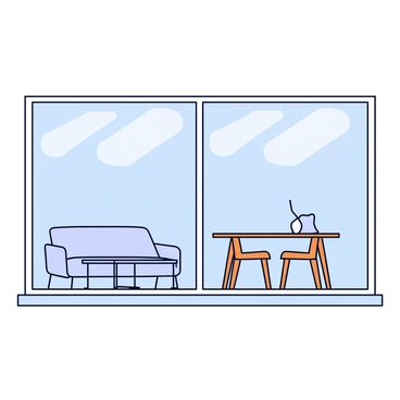 A storefront of a furniture store featuring large glass windows. Inside, there are several pieces of chic modern furniture on display. A sleek sofa in a light gray fabric is positioned prominently, paired with a minimalist coffee table made of clear glass. To the side, a stylish dining table with elegant wooden legs is showcased, surrounded by matching chairs with simple, clean lines. The windows have subtle reflections of the street outside, adding depth to the scene.