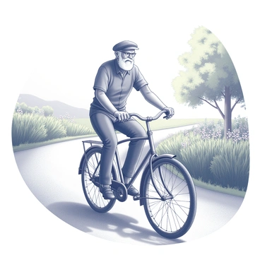 An elderly man riding a vintage bicycle down a sunlit country road