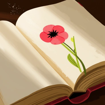 A pressed poppy flower with vibrant red petals is carefully preserved between the pages of an old, weathered book. The book features a leather cover with intricate embossed designs and a slightly faded title on the spine. The pages are yellowed with age, and the edges are frayed. Light filters softly through the pages, creating delicate shadows around the flower, enhancing its details. Tiny specks of dust float gently in the air, adding to the nostalgic atmosphere of the scene.