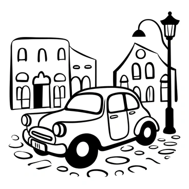 A classic line drawing of a vintage car parked on a cobblestone street.