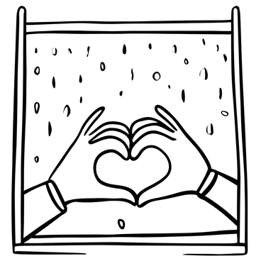 Two hands forming a heart shape are pressed against a rain-covered window. Raindrops slide down the glass, creating a blurred effect on the scene outside. The fingers are joined together firmly, showcasing the outline of the heart, while the window frame is visible around the edges. The focus is on the hands and the intricate details of the water droplets on the surface of the window. The light filtering through the glass enhances the overall atmosphere of the image.