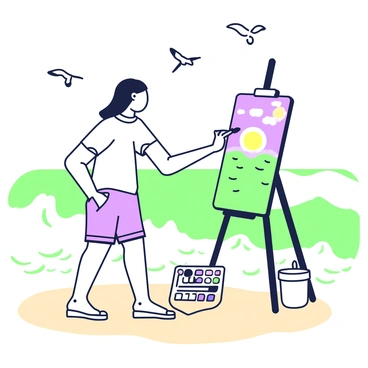 An artist is standing on the sandy beach, focused on a canvas set on an easel. The artist has long hair and is wearing a loose-fitting shirt and shorts. In their hands, they hold a paintbrush, capturing the details of "a vibrant sunset" that fills the sky with gradient colors. The ocean waves are crashing nearby, creating a foamy white spray as they hit the shore. A palette with various colors sits on the sand next to the artist, and seagulls can be seen flying above the water.