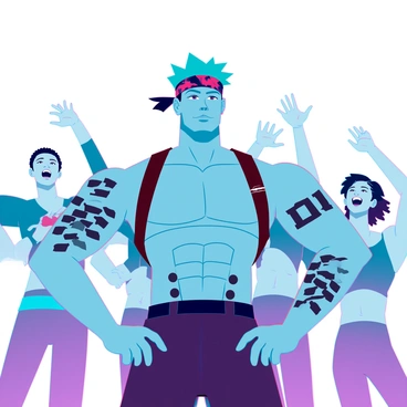 A muscular man with green hair and a bandana on his head stands confidently in front of a cheering crowd. He has numerous battle scars visible on his arms and torso, showcasing his strength and resilience. His expression is determined, with a hint of pride in his eyes. The crowd behind him is animated, with people raising their arms and hollering in celebration. The setting is filled with vibrant energy, reflecting the excitement of the moment.