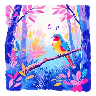 A colorful bird with bright feathers is perched on a sturdy branch. The bird has a rounded body, a long tail, and a small beak, and is in the act of chirping. Above it, delicate leaves create a textured layer in the background. The forest surrounding the bird is lush and green, filled with various trees and plants. Rays of sunlight filter through the leaves, casting dappled light on the scene. In the air, there are small musical notes representing the sound of the bird chirping "Hi!".