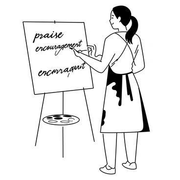 A person standing in front of a large blank canvas, holding a paintbrush. They are focused on painting words of "praise" and "encouragement" across the canvas in bold, expressive strokes. The individual is wearing a paint-splattered apron and has their hair tied back. Their expression shows determination and creativity as they step back to admire their work. A palette filled with various paint colors rests on a nearby easel.