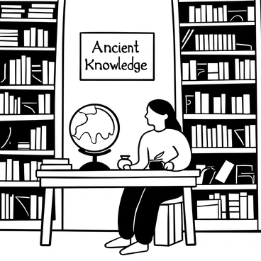 A young Indian scholar sitting at a wooden table in a library, surrounded by towering shelves filled with books. The scholar has long hair tied back and is wearing traditional attire. The table is cluttered with open ancient texts, scrolls, and a quill beside an inkpot. A large globe stands in the background, and warm light filters through high windows, casting shadows across the floor. Words "Ancient Knowledge" are etched on a wooden plaque mounted on the wall.