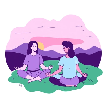 Two friends are sitting cross-legged on a green hilltop, meditating together as the sun begins to rise. The sky is filled with soft pink and orange hues, casting a warm glow over the landscape. Each friend has their eyes closed, embracing a moment of tranquility. They are dressed in comfortable clothing; one friend is wearing a light purple shirt while the other is in a pale blue outfit. In the background, there are distant hills silhouetted against the brightening sky, adding depth to the scene. A gentle breeze slightly rustles the grass around them, and the air is fresh with the scent of nature.