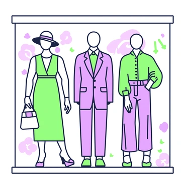 A boutique window display showcases three mannequins dressed in the latest fashion trends. The first mannequin wears a stylish green dress paired with accessories such as a wide-brimmed hat and a chic handbag. The second mannequin is dressed in a contemporary purple pantsuit, complete with a fitted blazer and tailored trousers. The third mannequin features a relaxed look with a flowy green blouse and a pair of fashionable purple jeans. Behind the mannequins, the backdrop displays elegant decorations that highlight the boutique's aesthetic, while soft lighting enhances the overall presentation.