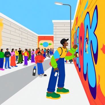 A street artist wearing a black cap and a colorful shirt is painting a vibrant mural on a city wall. The artist holds two spray cans, one in each hand, and is in mid-action, creating dynamic shapes and bright colors. The mural features bold, abstract patterns and a variety of colors, including red, blue, and yellow. The background shows the brick texture of the wall, with hints of previous graffiti art peeking through. A small crowd of onlookers can be seen in the foreground, some taking photos, while others admire the artwork. The sky is clear and blue, providing a bright contrast to the colorful scene.