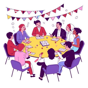 A vibrant scene from an international festival showcases a diverse group of people gathered around a large round table engaged in a bingo game. The table is covered with colorful bingo cards and small numbered balls scattered across it. Individuals representing various cultures are seated, wearing traditional attire from their respective backgrounds. A joyful atmosphere surrounds them as they share laughter and excitement. In the background, decorations from different countries can be seen, creating a festive ambiance. Each participant is holding a pen or dabber, eagerly marking their cards as they listen for the numbers called out.
