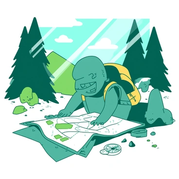 A teal slowboy is crouched down on a gravel hiking trail, intently examining a large, unfolded map. The slowboy has a bright yellow backpack resting beside him, and there are scattered pinecones and small rocks on the ground around him. He is smiling, displaying his excitement for the upcoming adventure. In the background, tall green trees frame the scene, and beams of sunlight filter through the branches, creating a warm atmosphere. A compass sits on the ground next to the map, adding to the sense of exploration.
