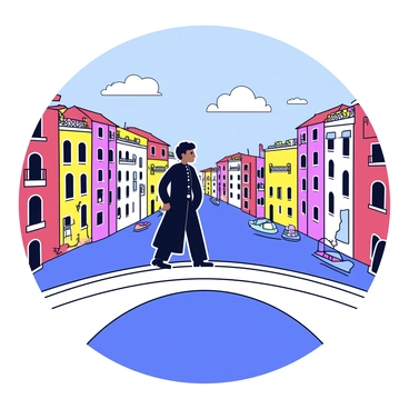 Othello is standing on a stone bridge in Venice, looking out over the canal. He is wearing a dark, elegant outfit that contrasts with the vibrant colors of the buildings surrounding him. The cityscape features tall, narrow buildings with colorful facades and balconies adorned with flowers. A few small boats float in the water below, and the sky is clear with a few fluffy clouds. The scene captures the essence of a bustling Venetian afternoon.