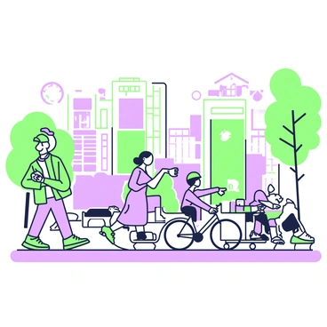 A bustling city street at dawn with various people starting their day. On the left, a man in a green jacket is walking a dog, while a woman in a purple dress is holding a coffee cup and chatting on her phone. In the background, several tall buildings with large green and purple signs displaying store names and advertisements can be seen. A cyclist in a green helmet rides past, and a street vendor with a cart is setting up to sell breakfast items. The street is lined with parked cars and a few trees with green leaves framing the scene.