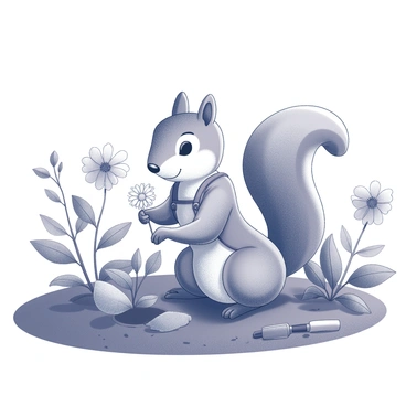 A squirrel wearing overalls is crouched down in a garden. The squirrel is holding a small flower in its paws, carefully placing it into a hole in the soil. Surrounding the squirrel are various flowers with distinct shapes and sizes, showcasing the variety of the garden. The scene includes leafy green plants, some with large, broad leaves and others with delicate, small petals. The ground is rich with dark soil, and there are small gardening tools resting nearby, indicating a lively atmosphere of planting and nurturing.
