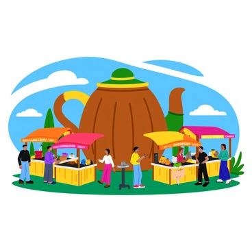 A quirky roadside attraction shaped like a giant wooden teapot with colorful paint and whimsical patterns. The teapot has a large handle and spout, creating an eye-catching focal point. Surrounding the teapot, there are various stalls showcasing local goods from different states, each stall decorated with vibrant banners and signs that read "Local Honey," "Handcrafted Pottery," and "Fresh Produce." There are people of diverse backgrounds browsing the stalls, with some interacting with the vendors. A bright blue sky and fluffy white clouds form the backdrop, enhancing the cheerful atmosphere of the scene.