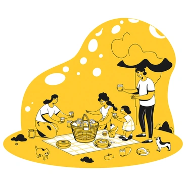 A family gathered on a grassy area in a park, preparing for a picnic. The members consist of two adults and two children. They are setting up a large picnic basket, filled with various foods, on a checkered blanket laid out on the ground. One child is holding a sandwich, while the other is pouring juice into cups. Nearby, there are a frisbee and a small dog curiously sniffing around. Sunlight filters through the trees, casting patterns on the ground.