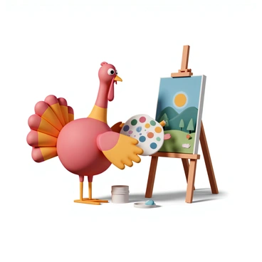 A cartoon turkey with bright red and orange feathers, standing on two legs. It holds a painter's palette filled with vibrant colors in one wing and a paintbrush in the other. The turkey is focused on a canvas set up on an easel, showcasing a vivid landscape with hills, trees, and a clear blue sky. There are splashes of paint on the turkey's feathers, and a small paint can sits on the ground nearby. The scene is lively and colorful, highlighting the turkey's artistic endeavor.