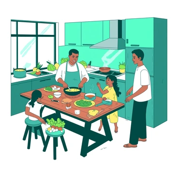 A teal kitchen is bustling with activity as a family works together to cook traditional dishes. A wooden table in the center is covered with various spices, fresh vegetables, and ingredients neatly arranged. The family members, consisting of a father, mother, and two children, are engaged in different tasks. The father is chopping vegetables, while the mother stirs a pot on the stove. The children are measuring spices and laughing as they interact. Sunlight streams through a window, illuminating the cozy atmosphere filled with the aroma of cooking.