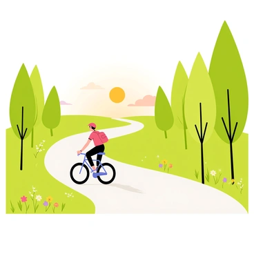 A lone cyclist wearing a bright red helmet is riding a sleek blue bicycle along a narrow, winding road. The road is flanked by tall, green trees that are just beginning to show the first light of dawn. Soft orange and pink hues fill the sky, indicating the early morning light. A few scattered clouds are illuminated by the rising sun, creating a picturesque scene. The cyclist is focused on the path ahead, with a small backpack strapped to their back. Wildflowers bloom along the roadside, adding splashes of color to the peaceful landscape.