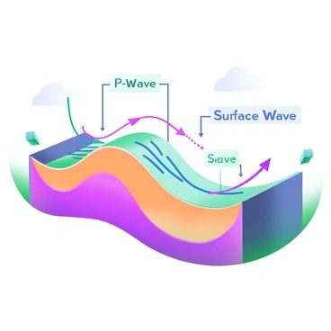 A modern pastel illustration depicting a seismic wave diagram. The diagram shows the ground's surface with labeled wave types, including "P-Wave," "S-Wave," and "Surface Wave." The "P-Wave" is represented as a compressional wave, showing arrows indicating movement direction, while the "S-Wave" is illustrated as a transverse wave with undulating lines. The "Surface Wave" appears as a rolling wave on the ground's surface. Each wave type is color-coded for clarity, and the background features a gentle gradient that enhances the overall visual appeal.