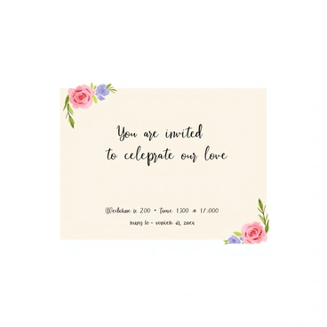 A rectangular wedding invitation featuring a light cream background. The edges of the invitation are adorned with hand-painted watercolor flowers in soft pastel shades, including pink roses, lavender blossoms, and gentle green leaves. In the center, the text “You are invited to celebrate our love” is elegantly written in a flowing script font. Below, the details of the wedding date, time, and location are displayed in a clear and simple typeface. The overall design conveys a warm and inviting atmosphere.