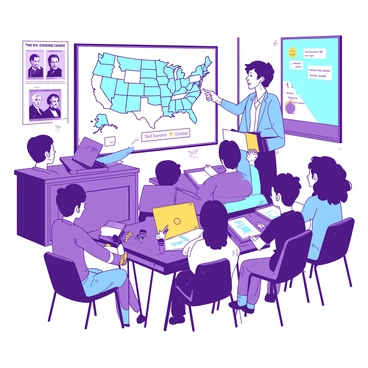 A group of students is seated at their desks in a classroom, actively engaging in a lesson about the electoral college. The teacher stands at the front of the class, pointing toward a large map pinned on the board that outlines the different states and their electoral votes. Bright yellow and blue markers are scattered on the teacher's desk, ready for use. The students, a diverse group of boys and girls, are taking notes and raising their hands to ask questions. Some have their laptops open, while others hold notebooks and textbooks. The classroom is adorned with posters of historical figures and educational charts related to American government and civics.