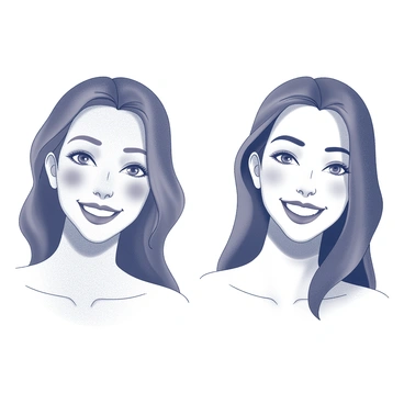 An illustration divided into two panels side by side. The left panel depicts a woman with visible signs of skin imperfections, such as dullness and uneven texture, illustrating the "before" state. The woman has a neutral expression, and her skin appears lifeless. The right panel shows the same woman, now with a radiant complexion, smooth skin texture, and a bright smile, representing the "after" state. She has a fresh glow, emphasizing the positive effects of a skincare routine. The background is simple to focus on the transformation in her skin.
