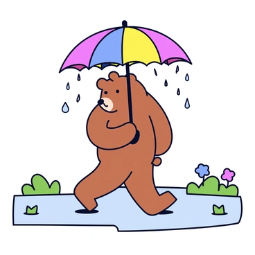 A bear with a brown fur coat is walking on a path. The bear is holding a large, colorful umbrella that features a pattern of bright stripes in red, blue, yellow, and green. Raindrops are visibly falling from the sky, creating small splashes around the bear's paws. The background includes green grass and a few scattered flowers, enhancing the scene of a gentle rain shower.