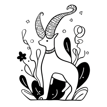 A mythical creature depicted in a black-and-white illustration, showcasing a series of intricate line art patterns that form the shape of its head. The creature has elaborate horns curving upwards and spiraling outwards. Its body is adorned with decorative elements like scales, feathers, or other textures that complement its fantastical design. Surrounding the creature are whimsical elements such as flowers, vines, or stars that enhance the magical atmosphere of the scene.