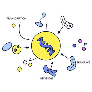 An illustration of a cell with distinct components labeled clearly. In the center, there is a round nucleus containing a double-stranded DNA molecule with a helical structure. Arrows indicate the transcription process, where a messenger RNA (mRNA) strand is synthesized from the DNA. Surrounding the nucleus are ribosomes depicted as small dots, which represent the site of translation. The mRNA strand is shown exiting the nucleus and moving towards a ribosome, where it is being translated into a protein. The overall arrangement shows a sequential flow of arrows linking the DNA to mRNA and then to the ribosome.