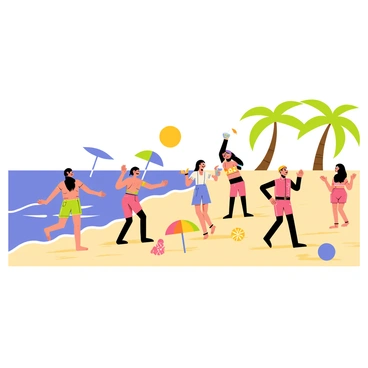 A beach scene on the French Riviera featuring a sandy shore with vibrant blue waves lapping at the coast. A group of people are dancing on the sand, wearing colorful beach attire. Some individuals are holding drinks while others are clapping their hands to the rhythm of the music. Colorful beach umbrellas and towels are scattered around, and palm trees sway gently in the background. A bright sun shines in a clear blue sky, adding warmth to the lively atmosphere.