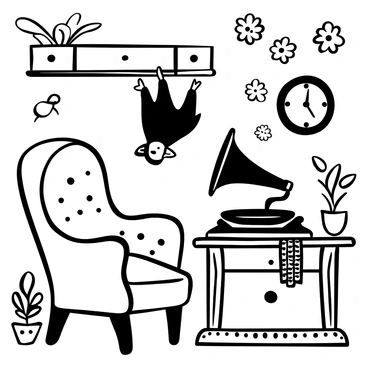 A small bat hanging upside down, perched on an ornate wooden shelf, is intently listening to a phonograph. The phonograph, with its large horn and intricate design, is positioned on a polished wooden table. Surrounding the bat, the vintage parlor features floral-patterned wallpaper and a plush armchair with a lace doily draped over its arm. An antique clock with ornate detailing is on the wall, while a small potted plant sits near the phonograph, completing the cozy atmosphere. The scene conveys a sense of timelessness and charm.