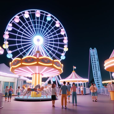 A vibrant scene at Santa Monica Pier, featuring colorful carnival rides that are spinning with bright lights. The Ferris wheel, adorned with multicolored lights, towers over the other rides. Nearby, a carousel with intricately painted horses spins, and a thrilling roller coaster weaves through the scene. The night sky is illuminated with the glow of the rides, creating a festive atmosphere. People are seen enjoying the attractions, some laughing and others taking photos, adding to the lively energy of the pier.