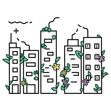 A cityscape featuring several tall buildings with a variety of architectural designs. Each building is adorned with blooming flowers in vibrant colors, such as red, yellow, and purple, cascading down the sides. Green vines wrap around the structures, intertwining with the flowers, creating a harmonious blend of nature and urban life. The sky above is clear and bright, highlighting the contrast between the greenery and the buildings.