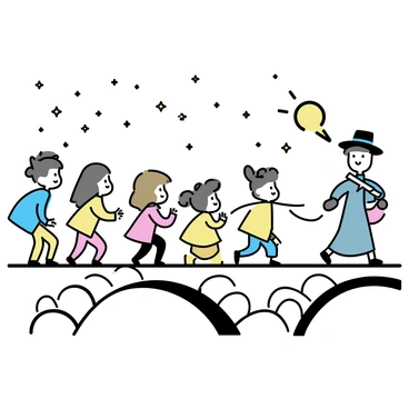 A group of children, wearing colorful clothes, is following the "Pied Piper" as they walk across an "old stone bridge". The "Pied Piper" is dressed in a long coat and a hat, playing a wooden flute. The "night sky" is filled with numerous "stars" twinkling brightly above them. The bridge is made of large, weathered stones, and the moonlight casts a soft glow on the scene. The children are looking up at the "Pied Piper" with expressions of curiosity and excitement.