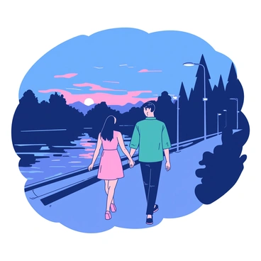 A couple is walking hand in hand along a riverside promenade during dusk. The sky above is transitioning to a dark blue, with faint hints of orange and purple as the sun sets on the horizon. The river reflects the dim light, creating shimmering patterns on the water's surface. The couple consists of a woman wearing a light pink dress and a man in a teal shirt and jeans. As they stroll, they pass by assorted trees lining the walkway, their silhouettes stark against the fading light. Street lamps along the promenade are beginning to glow softly, illuminating their path. The atmosphere is calm and intimate as they share a quiet moment together.