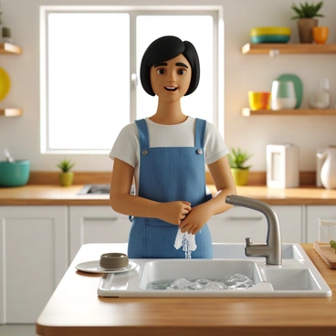 An individual with light brown skin and short black hair is washing dishes in a bright kitchen filled with natural light. They are wearing a blue apron over a white t-shirt. The sink is full of soapy bubbles, with a few dishes like plates and glasses soaking in the water. The kitchen features white cabinetry, a wooden countertop, and colorful dishware displayed on a nearby shelf. Sunlight streams through a window, creating a warm and inviting atmosphere.