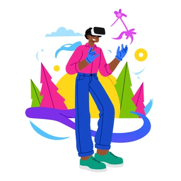 A person wearing a sleek black virtual reality headset stands in the center of a vibrant digital world. Brightly colored geometric shapes and swirling patterns float around them, creating a sense of depth and movement. The person's hands are raised as if interacting with the surrounding elements, and a pair of glowing blue gloves are visible on their hands. A dynamic array of colors illuminates their face, reflecting the vividness of the digital environment. In the background, abstract trees and floating islands add to the immersive feel of the scene.