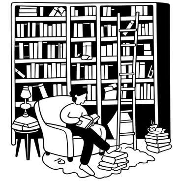 A person sitting on a plush armchair, deeply immersed in a book, surrounded by towering wooden shelves filled with various old books. The atmosphere is illuminated by the warm glow of a vintage lamp beside the chair. A wooden ladder leans against one of the shelves, hinting at a collection of books tucked away at the top. Scattered around are a few open books on a small table, and a steaming cup of tea rests beside them. The floor is covered with a thick patterned rug, adding to the cozy feel of the library.