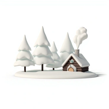 A winter landscape featuring a cluster of tall, snow-covered pine trees. In the foreground, a cozy cabin made of rustic wood, with a stone chimney. White smoke is rising from the chimney, swirling gently into the frosty air. The ground is blanketed in a thick layer of pristine snow, reflecting the soft light of a pale winter sun. The scene evokes a sense of tranquility, with the trees standing tall and the cabin nestled among them.