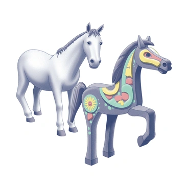 A wooden horse sculpture, intricately carved and brightly painted, is positioned prominently in the foreground. The horse features detailed markings and patterns, showcasing its craftsmanship. In the background, a real horse stands, appearing weary and slightly disheveled, with a drooping head and tired eyes. The setting suggests a contrast between the vibrant, decorative artwork of the wooden horse and the natural, worn appearance of the living animal.