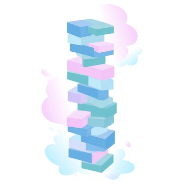 A tall tower made of colorful building blocks is constructed with some blocks removed halfway, revealing the inside of the blocks. The blocks are arranged in a way that clearly illustrates an improper fraction. Various colors of the blocks blend together in a charming gradient, while a background of soft pastel hues enhances the visual interest. The setting is simple, allowing the focus to remain on the tower of building blocks and their unique arrangement.