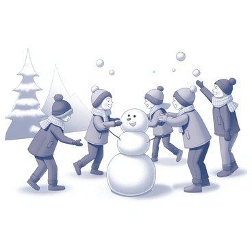 A group of children is joyfully playing in a snowy landscape. Some children are constructing snowmen, rolling large snowballs and stacking them to form the body and head. Others are engaged in a lively snowball fight, with snowballs flying through the air. The children are dressed warmly in winter clothing, including hats, scarves, and gloves. Their laughter and excitement create a lively atmosphere in the winter scene. Snow-covered trees and a gentle slope can be seen in the background, enhancing the wintry environment.