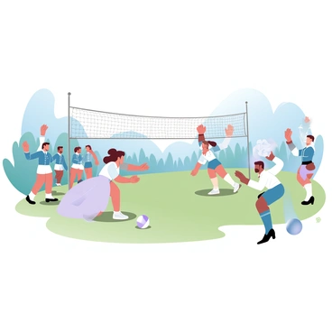 A scene depicting the first volleyball match ever played, featuring players in period attire from the late 19th century. A group of men in knee-length shorts and long-sleeved shirts are positioned on one side of a net, while a group of women in long dresses and petticoats are on the opposite side. The net is made of rope, and the ball is a traditional leather ball. The setting includes a grassy field with trees in the background, and spectators in vintage clothing are gathered nearby, observing the match. The scene captures the excitement of the game, with players in dynamic poses as they prepare to hit the ball.
