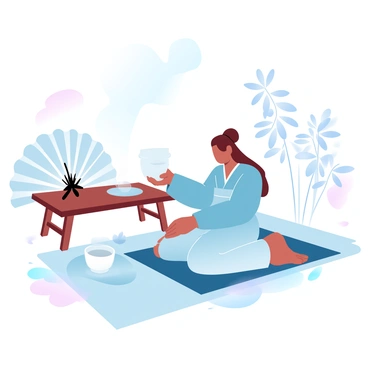 A person is wearing a traditional kimono while performing a tea ceremony. The individual is kneeling on a tatami mat, carefully pouring tea from a teapot into a small teacup. In the background, there are bamboo plants and a simple wooden table set with tea utensils. Soft gradient pastel colors fill the scene, creating a tranquil atmosphere. A large decorative fan is placed beside the tea set, adding to the cultural elements present in the setting.