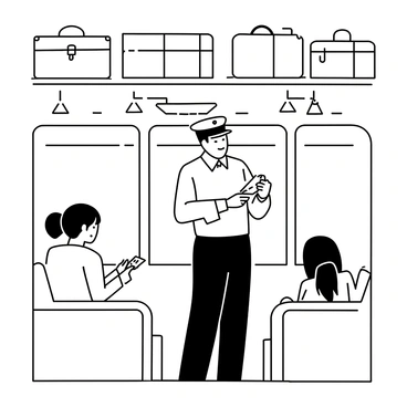 A train conductor wearing a classic uniform with a cap is standing inside a vintage railway carriage. He is holding a ticket in one hand while examining another ticket with the other hand. The interior of the carriage features wooden benches with patterned upholstery, and old-fashioned light fixtures hang from the ceiling. Passengers are seated in the background, some looking at the conductor, while vintage suitcases rest on the luggage racks above.