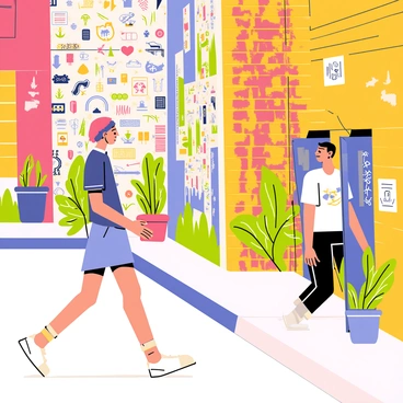 A person walking through a bustling city street, wearing a casual outfit. They are stopping in surprise as they discover a narrow hidden alleyway to the side. The alley is vibrant, filled with colorful murals and intricate street art covering the brick walls. Various artistic styles can be seen in the artwork, including bold graffiti and whimsical illustrations. Lush green plants and small potted flowers adorn the entrance of the alley, softening the urban environment. The person gazes in wonder at the artistic details surrounding them.