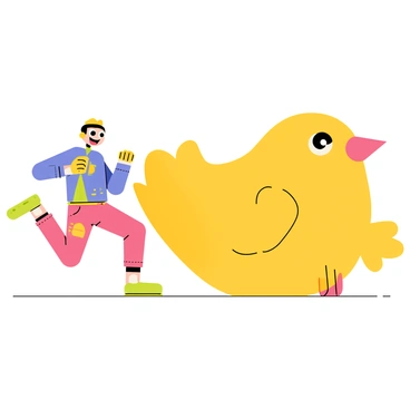 A cartoon character with a big smile, wearing a colorful outfit, comically kicking a giant yellow rubber chicken. The character has exaggerated features, such as large eyes and a big head, emphasizing the humorous action. The rubber chicken is oversized, with a playful expression, creating a lighthearted scene. The background includes simple, bright colors that enhance the cartoonish feel of the image.