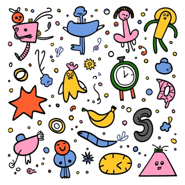 A collection of doodles with various strange and humorous shapes filling a page. The doodles include whimsical creatures with oversized heads, elongated bodies, and funky limbs. There are abstract forms with exaggerated curves and twists, along with quirky objects like a melting clock and a dancing banana. The background is filled with random patterns and swirls that enhance the playful theme of the doodles. Each shape and figure displays a lively expression, contributing to the overall sense of fun and creativity on the page.
